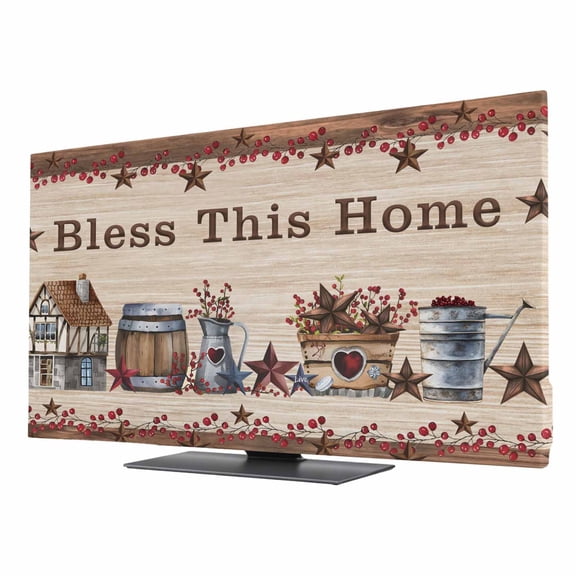 Bless This TV Dust Cover 24 Inch, Home Farmhouse Country Star Barn Retro Wood Grain Computer Monitor Cover Dustproof Stretchable Indoor TV Screen Protector for LED LCD Universal Monitors