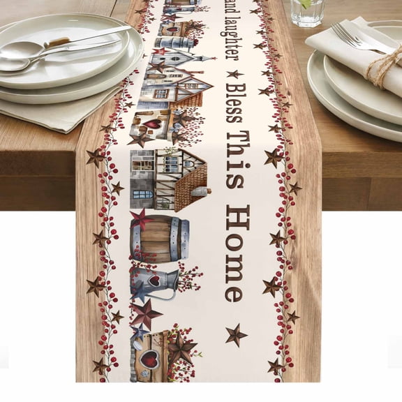 Bless This Table Runner 13 x 36 Inch, Home Farmhouse Country Star Barn Bucket Berry Washable Cotton Linen Dining Table Runner Tabletop Decorations for Restaurant Home Kitchen Party