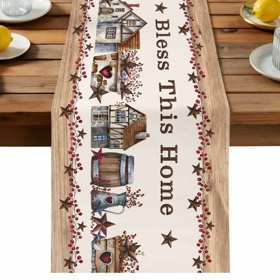 Bless This Table Runner, Home Farmhouse Country Star Barn Bucket Berry Cotton Linen Table Cloth, Tablerunner for Kitchen Dining Party Wedding Home Decor 13x36 Inch