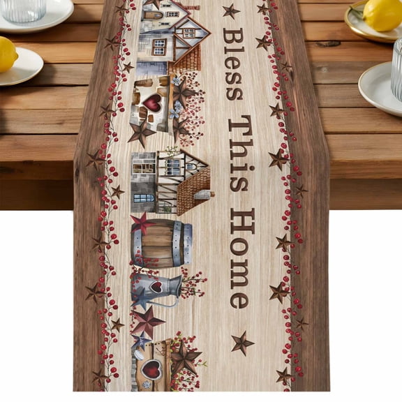 Bless This Table Runner, Home Farmhouse Country Star Barn Retro Wood Grain Cotton Linen Table Cloth, Tablerunner for Kitchen Dining Party Wedding Home Decor 13x36 Inch