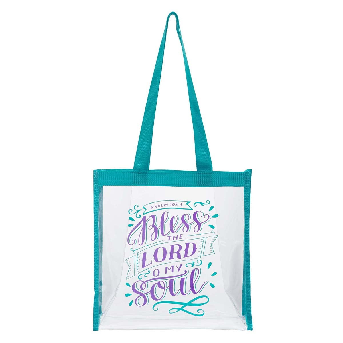 CHRISTIAN ART GIFTS Bless The Lord Psalm 103:1 Bible Verse Stadium Event Festival Convention Approved Womens Clear Tote Bag, Teal Trim