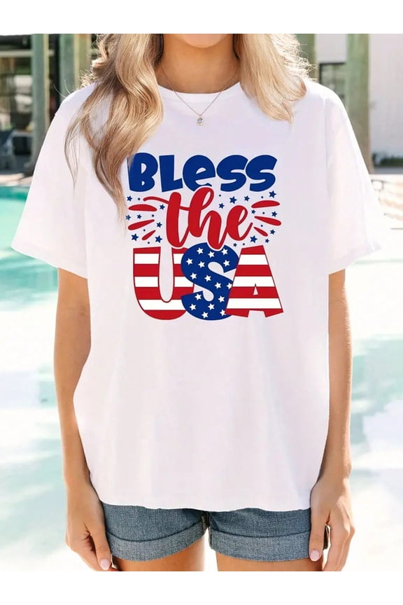 Bless The Usa Graphic T-Shirt Women Summer Fashion Short Sleeved T-Shirt Tee Tops Printed O-Neck Casual T-Shirt Women's Clothing
