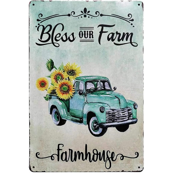 Bless This Farm Green Truck Sunflowers Vintage Tin Bar Sign Farmhouse Country Home Decor for Living Room Bedroom Decoration 8X12Inch