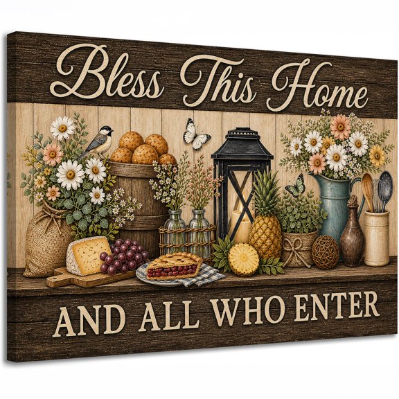 Bless This Home Canvas Wall Art, Farmhouse Kitchen Decor, Rustic Quote Print, Country Style Wall Hanging