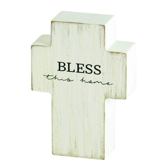 Bless This Home Distressed White 4 x 3 MDF Decorative Tabletop Cross Sign
