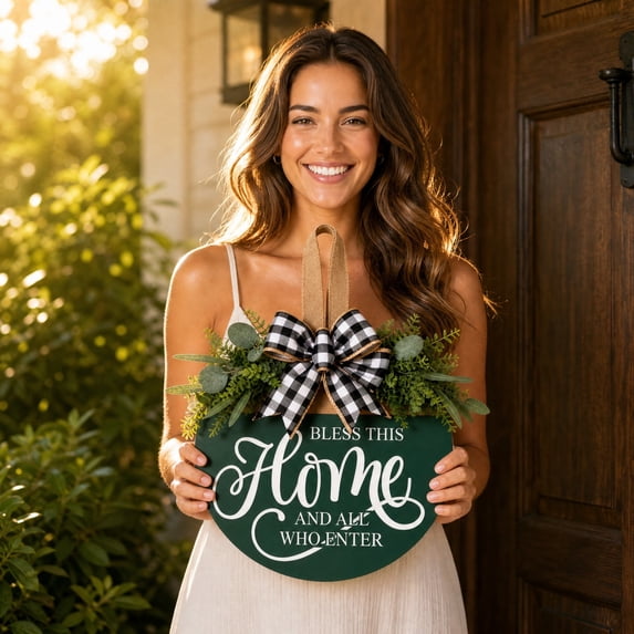 Bless This Home Front Door Sign 3D ,Wooden Farmhouse Door Hanger with Faux Greenery and Buffalo Plaid Bow,Rustic Welcome Decor 12 inch