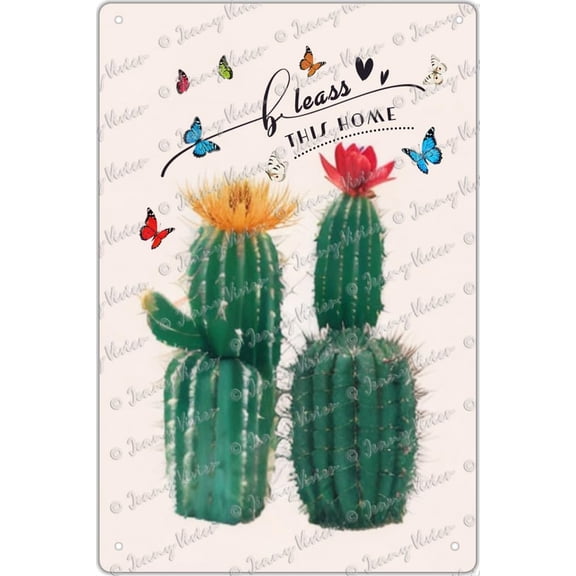 Bless This Home Vintage Metal Sign Cactus Succulent Plants Country Home Decor Wall Decorations for Living Room, Bedroom, Kitchen, Garden, Farmhouse Decor, Housewarming Gift 12x8 inch