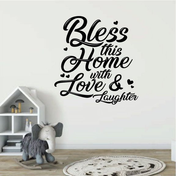 Bless This Home With Love And Laughter - Home House Family Life Quote Cursive Vinyl Wall Decal Wall Art Wall Sticker Decoration Design Home Room Living Room Dining Room Office Décor Size (20x20 inch)