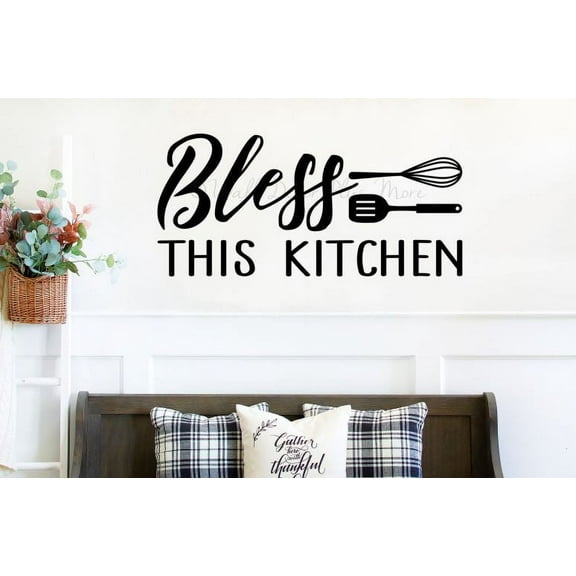 Bless This Kitchen Wall Decor Quote Vinyl Letters Utensils Decals Sticker 36x17-Inch Black