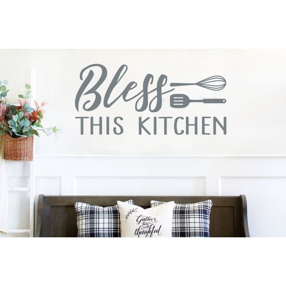 Bless This Kitchen Wall Decor Quote Vinyl Letters Utensils Decals Sticker 36x17-Inch Storm Gray