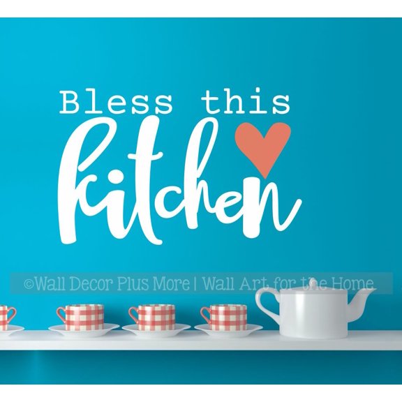 Bless This Kitchen Kitchen Wall Stickers - Die-Cut Vinyl Wall Art - Quote Decals for Walls - Matte Vinyl Wall Decal Sayings for Wall Décor 23x15- Inch White/ Coral