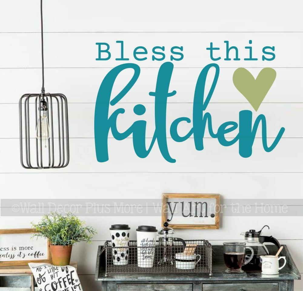 Bless This Kitchen Kitchen Wall Stickers - Quote Decals for Walls - Die-Cut Vinyl Wall Art - Matte Vinyl Wall Decal Sayings for Wall Décor 23x15- Inch Teal/Olive