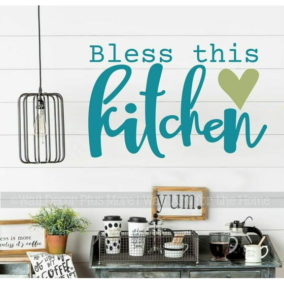 Bless This Kitchen Kitchen Wall Stickers - Quote Decals for Walls - Die-Cut Vinyl Wall Art - Matte Vinyl Wall Decal Sayings for Wall Décor 23x15- Inch Teal/Olive