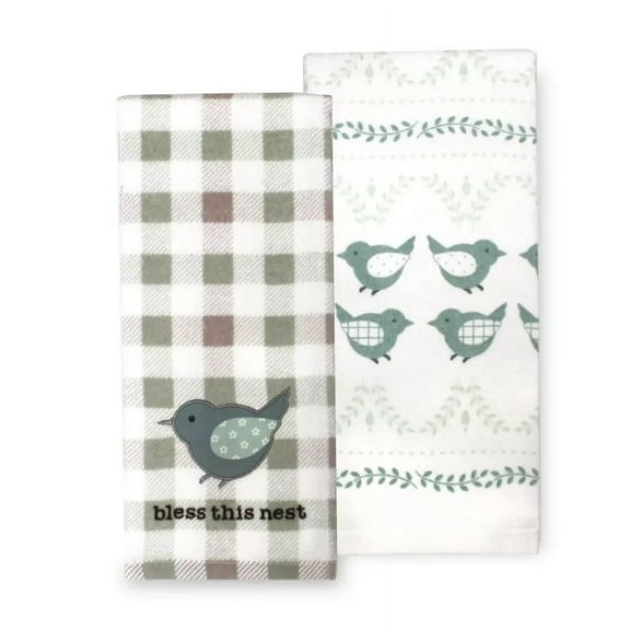 QUEST -Bless This Nest - Celebrate Spring Bird Patch Plaid Kitchen Terry Towels 2-Pk.