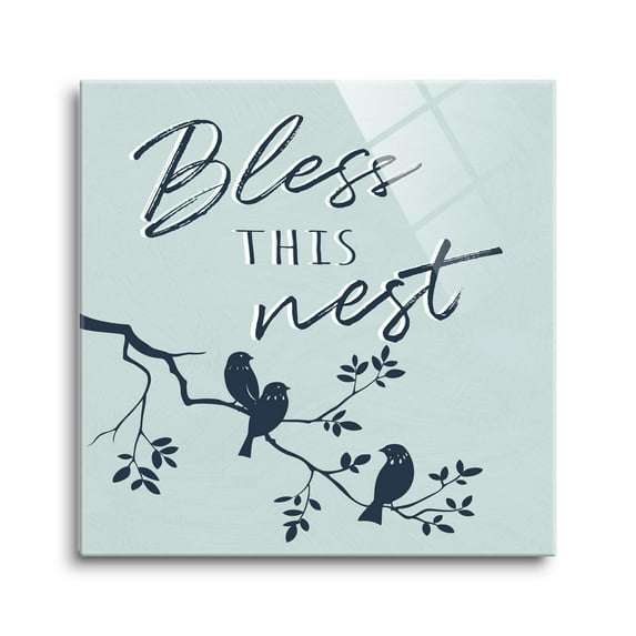 Bless This Nest Robin Egg Blue Birds 12 x 12 Glass Wall Hanging Sign
