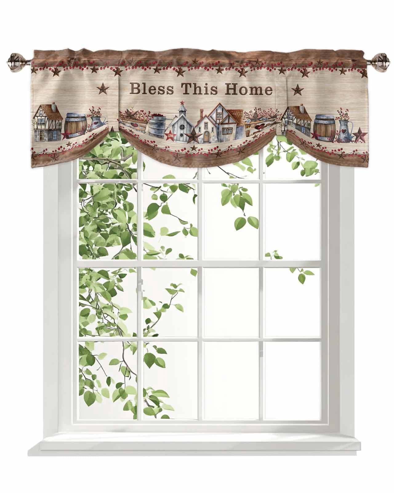Bless This Tie Up Valances Curtain, Adjustable Kitchen Home Farmhouse Country Star Barn Retro Wood Grain Valances for Windows Decor, Rod Pocket Short Curtains Set for Bedroom/Bathroom, 54"x18"