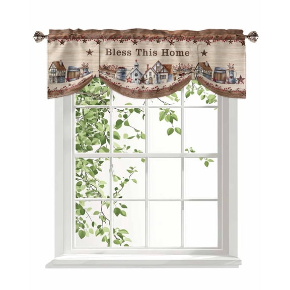 Bless This Tie Up Valances Curtain, Adjustable Kitchen Home Farmhouse Country Star Barn Retro Wood Grain Valances for Windows Decor, Rod Pocket Short Curtains Set for Bedroom/Bathroom, 54"x18"