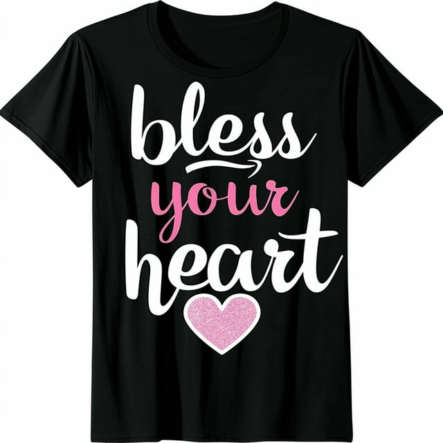 Bless Your Heart Cursive Pink Glitter Heart Design Black T Shirt ...