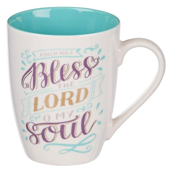 Bless the Lord O My Soul Psalm 103:1 Ceramic Christian Coffee Mug for Women and Men - Teal/Purple/White Inspirational Coffee Cup, 12-Ounce