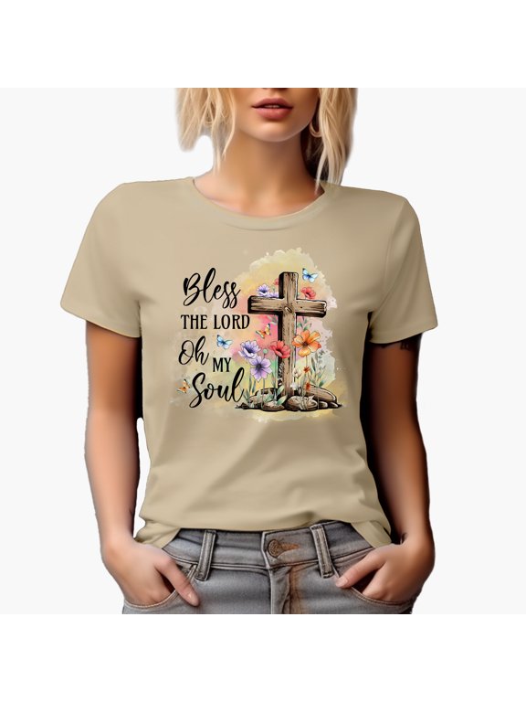 Bless the Lord Oh My Soul with Cross & Flowers Art Merch Gift, Tan T-Shirt, Small