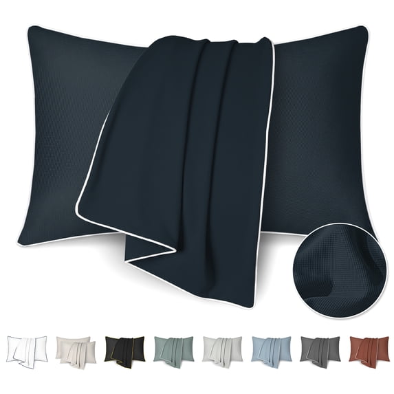 BlessLiving Pillowcases Set of 2, Nylon Cooling Soft Breathable Envelope Closure Pillowcases, Navy, 20×26 inch