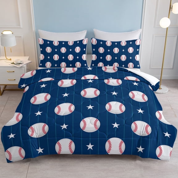 BlessLiving Kids Comforter Set, 3-Piece Navy Blue Baseball Bedding Sets for Boys, Queen Size
