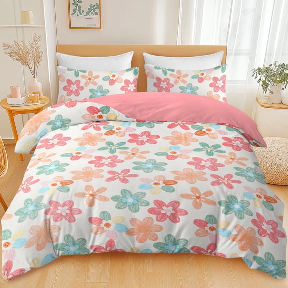BlessLiving 3Pcs Duvet Cover Set for Adult Full Size Pink Bedding Set Colorful Flower Comforter Cover Set