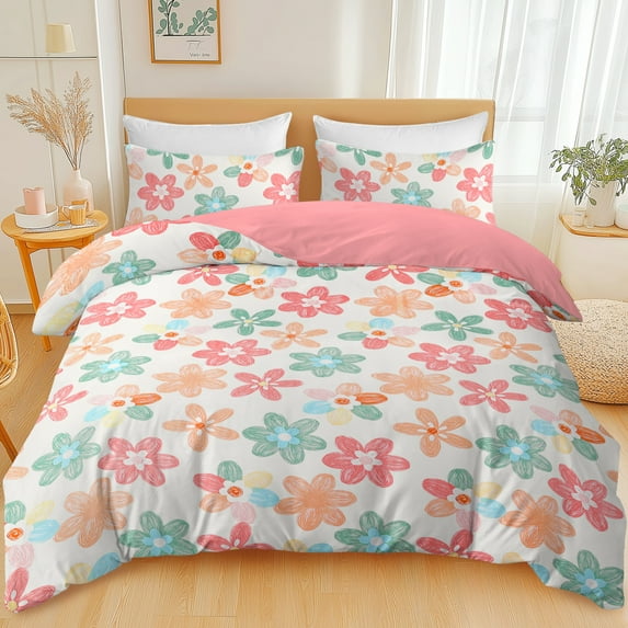 BlessLiving 3Pcs Duvet Cover Set for Adult Twin Size Pink Bedding Set Colorful Flower Comforter Cover Set