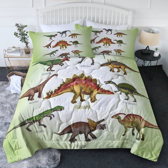 BlessLiving Kids Comforter Set, 3-Piece Green Dinosaur Bedding Sets for Boys, Full Size