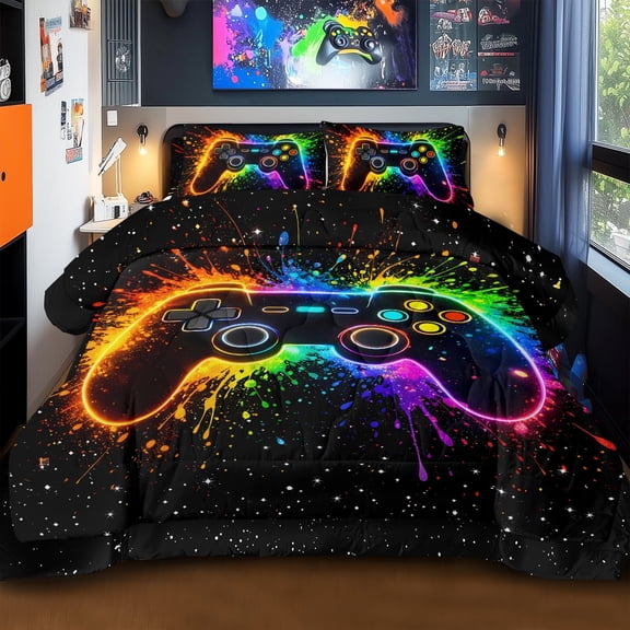 BlessLiving 3Pcs Game Controller Comforter Set Full Size Gaming Bedding Set for Kids Boys Gamer, Black