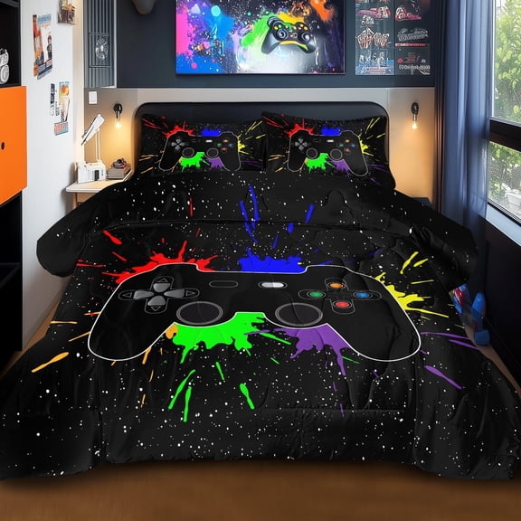 BlessLiving 3Pcs Game Controller Comforter Set King Size Gaming Bedding Set for Kids Boys Gamer, Black
