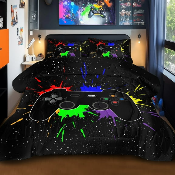 BlessLiving 3Pcs Game Controller Comforter Set Queen Size Gaming Bedding Set for Kids Boys Gamer, Black