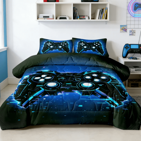 BlessLiving 3Pcs Game Controller Comforter Set Twin Size Gaming Bedding Set for Kids Boys Gamer, Blue