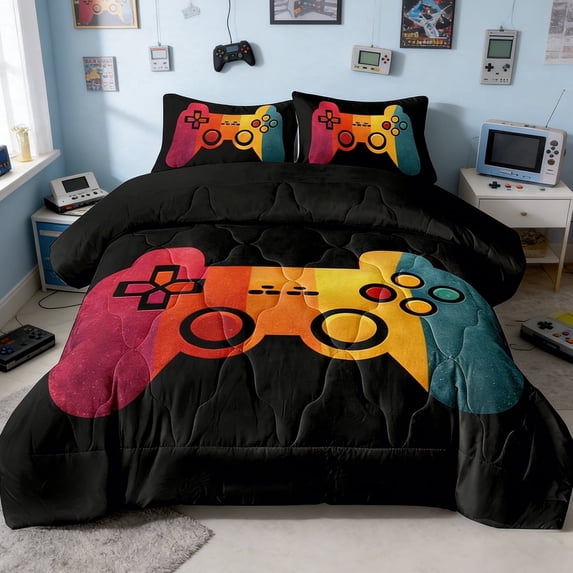 BlessLiving 3Pcs Game Controller Comforter Set Twin Size Gaming Bedding Set for Kids Boys Gamer, Colorful