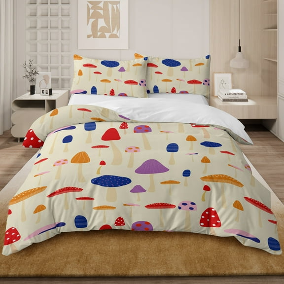 BlessLiving 3Pcs Mushroom Duvet Cover Set Full Bed Set Beige Bedding Set