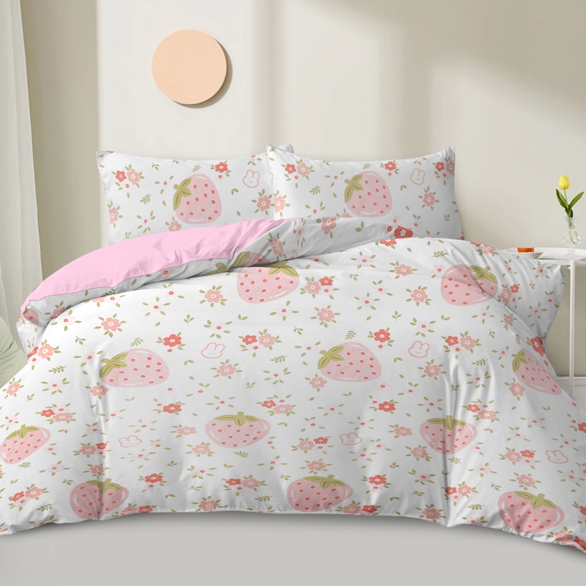 BlessLiving 3Pcs Duvet Cover Set King Size, Pink Strawberry Bedding Set for Kids Girls