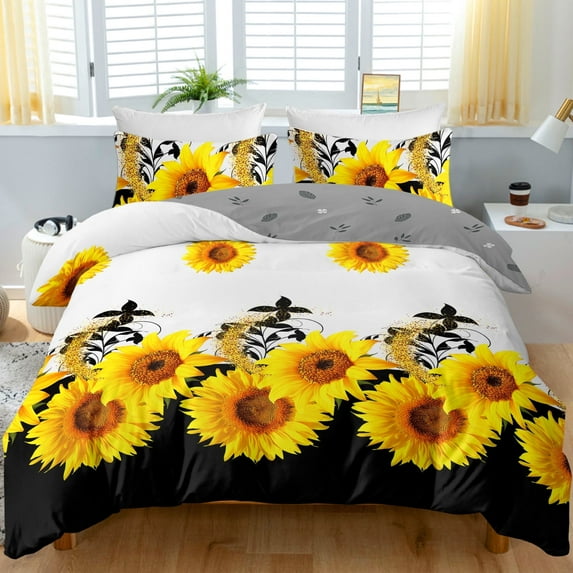 BlessLiving 3Pcs Duvet Cover Set for Adult Full Size Yellow Bedding Set Sunflower Comforter Cover Set