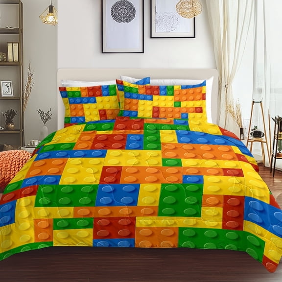 BlessLiving Kids Comforter Set, 3-Piece Colorful Blocks Yellow Cubes Bedding Sets for Boys, Full Size