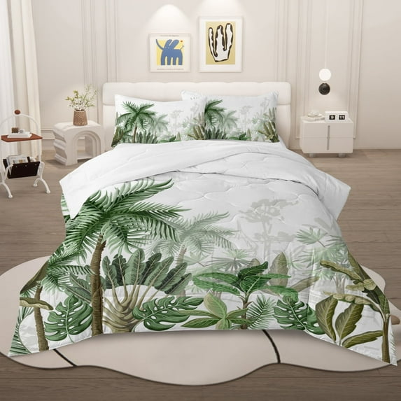 BlessLiving Coconut Tree Comforter Set, 3 Piece Green Bedding Sets Queen Comforter Set for Adult