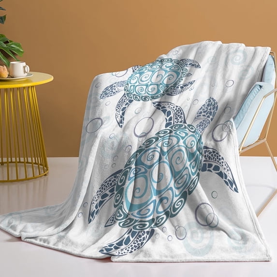BlessLiving Flannel Fleece Throw Blanket Sea Turtles Pattern Blanket for Bed Sofa White Lightweight Fuzzy Blankets