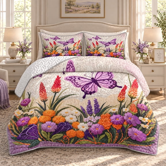BlessLiving Full/Queen Quilt Set Butterfly Floral, 3-Piece Bedspread Coverlet with Pillowcases, Soft Microfiber Bedding for Bedroom