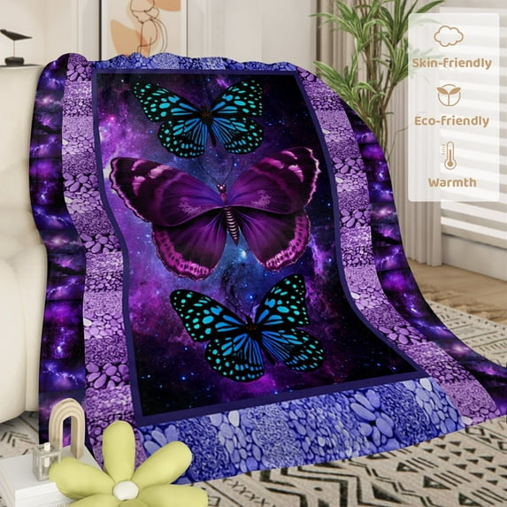 BlessLiving Printed Throws and Blankets for sofa, Butterfly Pattern Comfy Microfiber Purple Blanket for Couch Bed