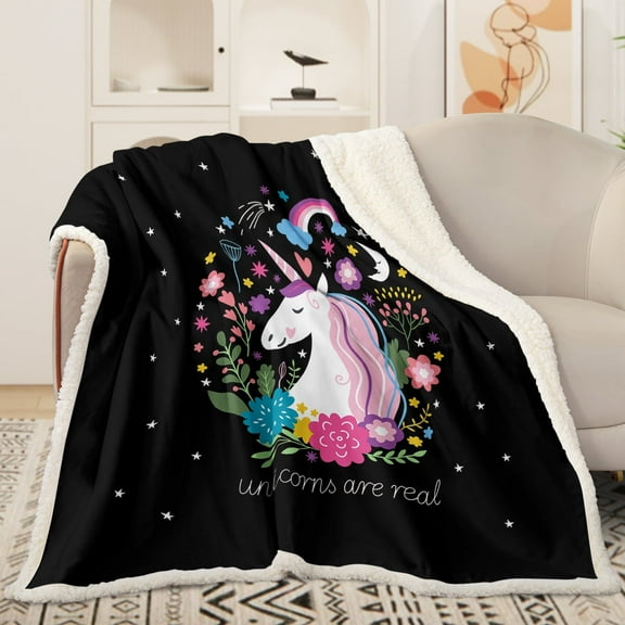 BlessLiving Sherpa Fleece Throw Blanket Unicorn Printed Fluffy Throw Black Blanket for Kids, 60x80"