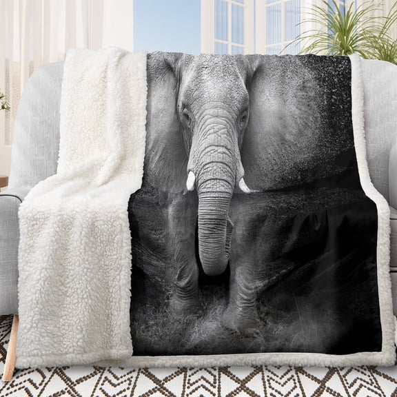 BlessLiving Sherpa Fleece Throw Blanket for Couch, Cozy Soft Bed Blanket 50x60", Black Elephant