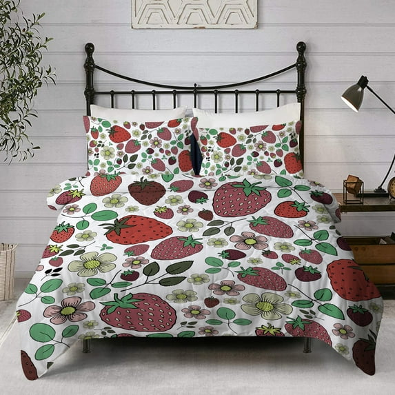 BlessLiving Strawberry Comforters Set Twin, 3PC Cute Bedding Sets with 2 Pillowcases for Kids Girls