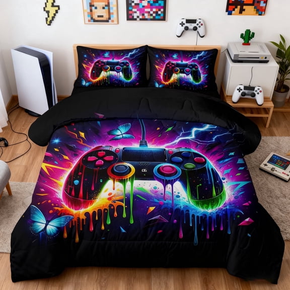 BlessLiving 3Pcs Game Controller Comforter Set Full Size Gaming Bedding Set for Kids Boys Gamer, Multicolor