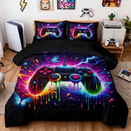 BlessLiving 3Pcs Game Controller Comforter Set Queen Size Gaming Bedding Set for Kids Boys Gamer, Multicolor
