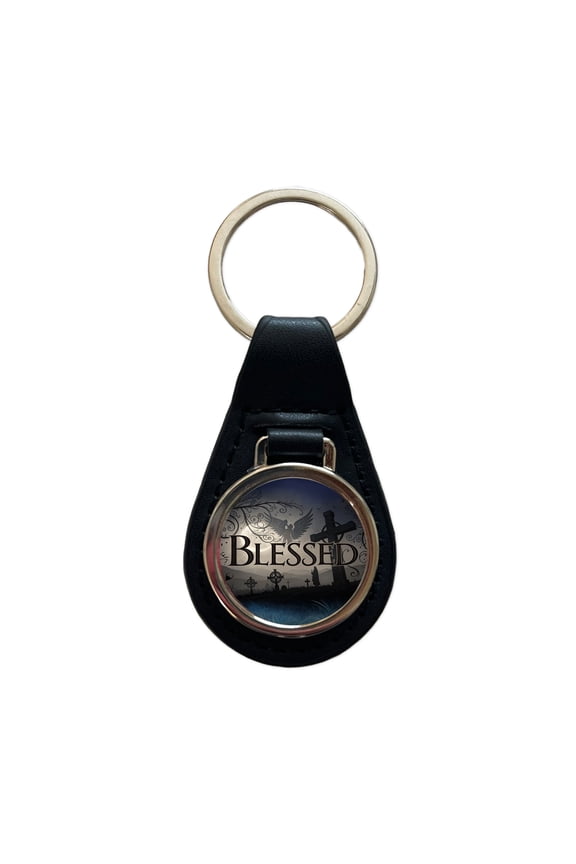 Blessed Angels Crosses Religious Metal Black Leather Keychain
