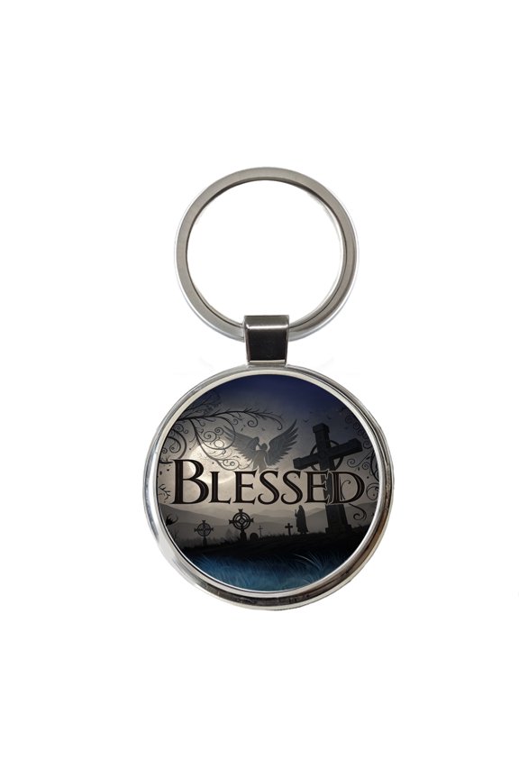 Blessed Angels Crosses Religious Metal Round Keychain