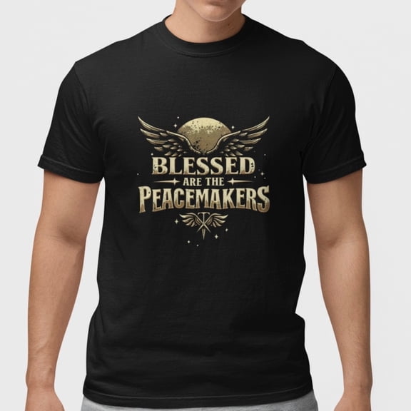 Blessed Are The Peacemakers Angel Wings Christian 100% Cotton Black T-Shirt